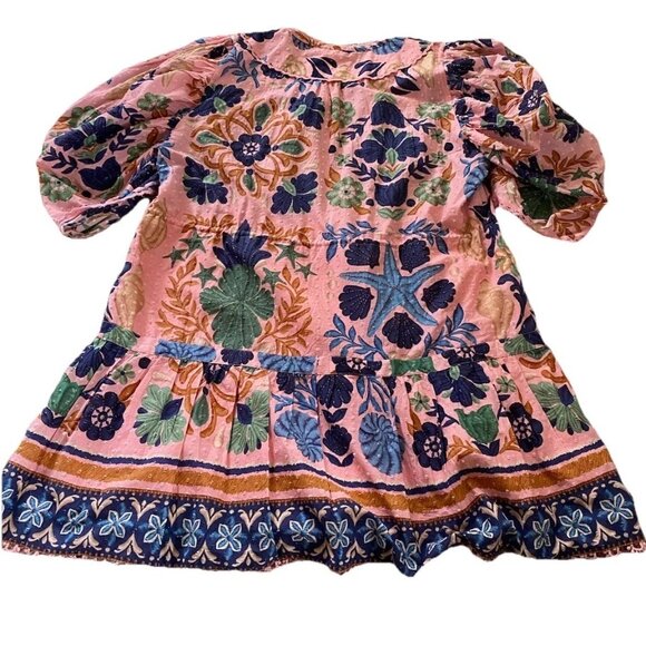 FARM RIO Seashell Tapestry Pink Mini Dress XL Organic Cotton Puff Sleeves Tassel - Picture 7 of 14